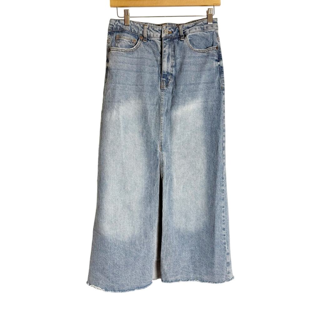 Habitual Light Blue Wash Long Front Slit Denim Jean Midi Maxi Skirt Size 4